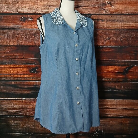 Pendleton Tank Top L Crochet Collar Blue Chambray Denim Button Front 100% Cotton - Picture 4 of 10